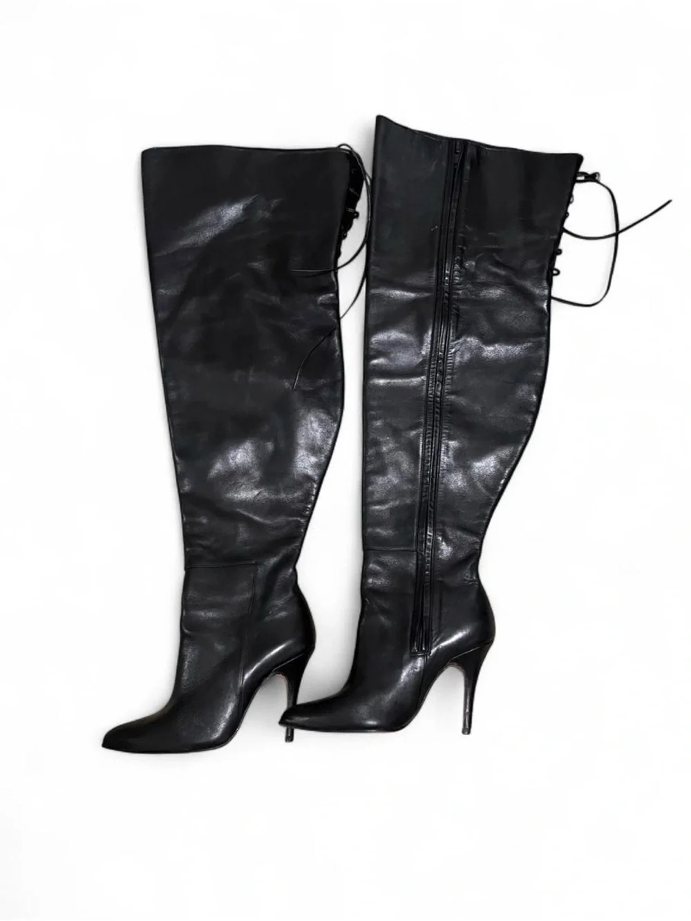 Jean Gaborit Paris Black Leather Lace Back Over the Knee Boots EU 38.5